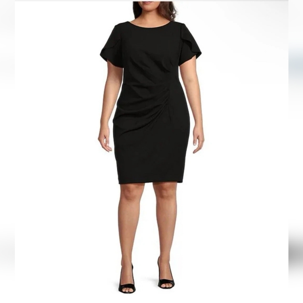 NWT DKNY Plus Short Tulip Sleeve Boat Neck Ruched Waisted Sheath Black Dress 22W